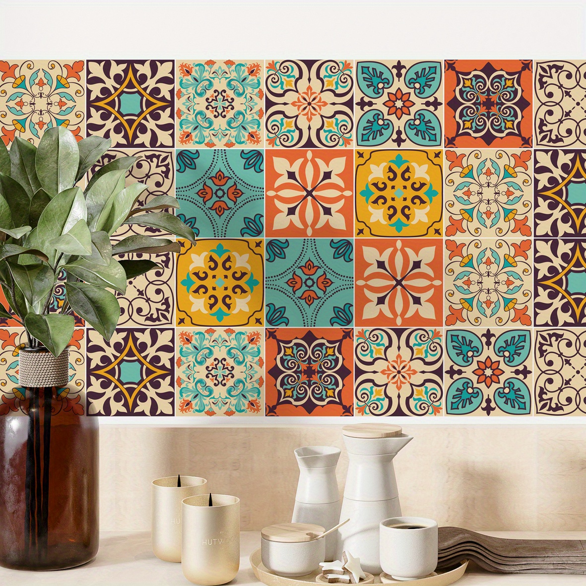 

10pcs Boho Floral Mosaic Wall Tiles - 4x4 Inch, Vinyl Backsplash Decals For Kitchen, Bathroom, And Staircase Decor