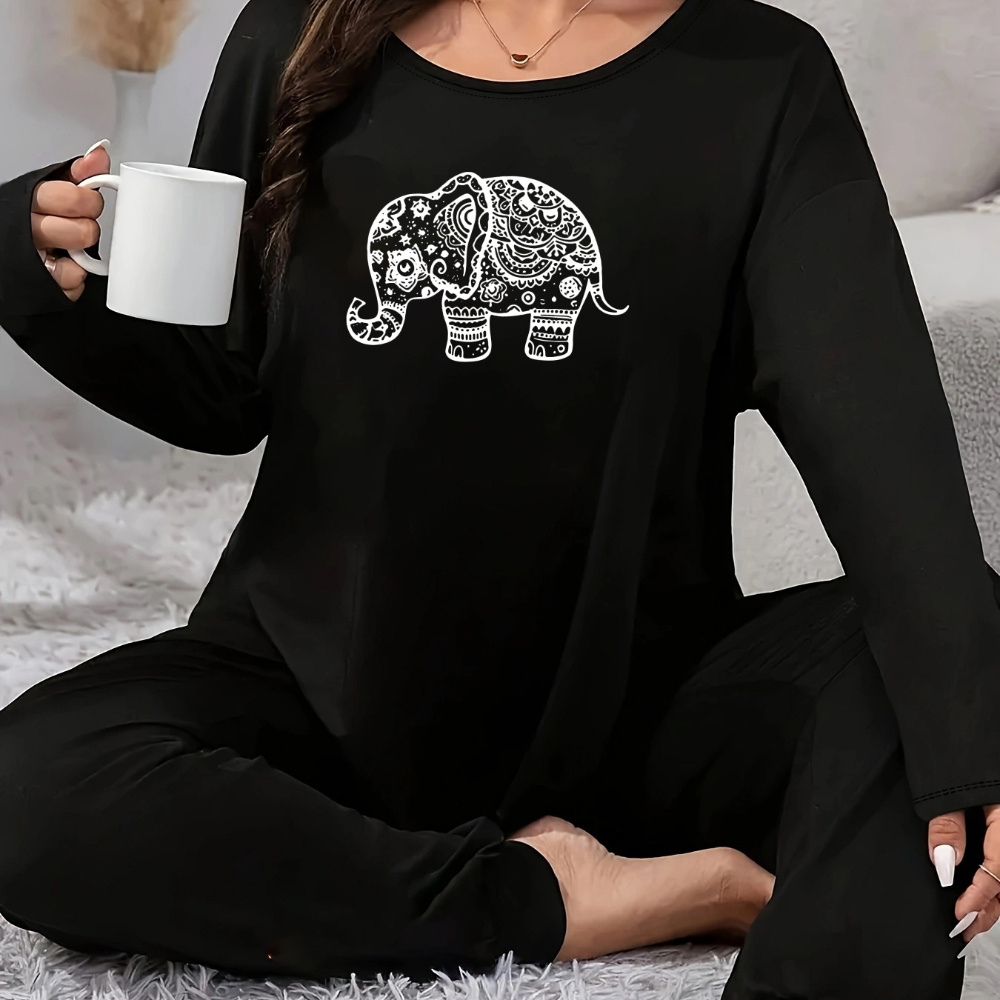 

Plus Size Women's Cozy Pajama Set - Long Sleeve Crew Neck Top & Joggers, Stretchy Polyester , Machine Washable, Ideal For Fall/winter