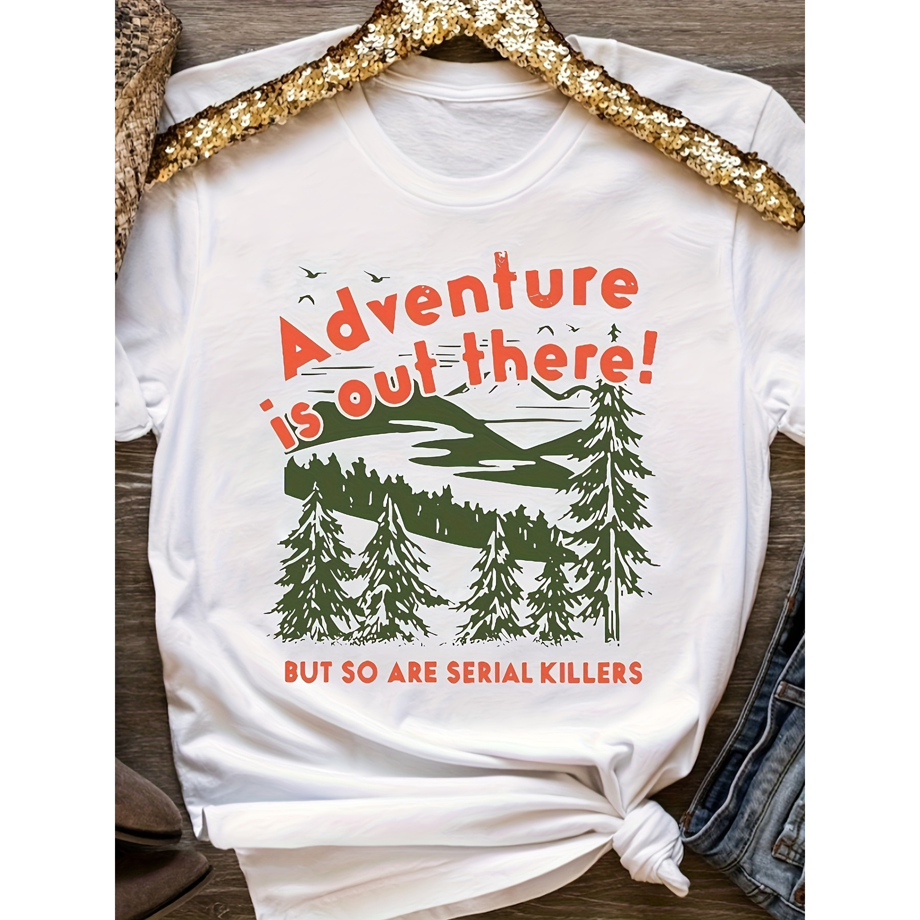 

Adventure Is " Cotton T-shirt- Camping, Hiking& Travel Enthusiasts, Machine Washable, Crew Neck,