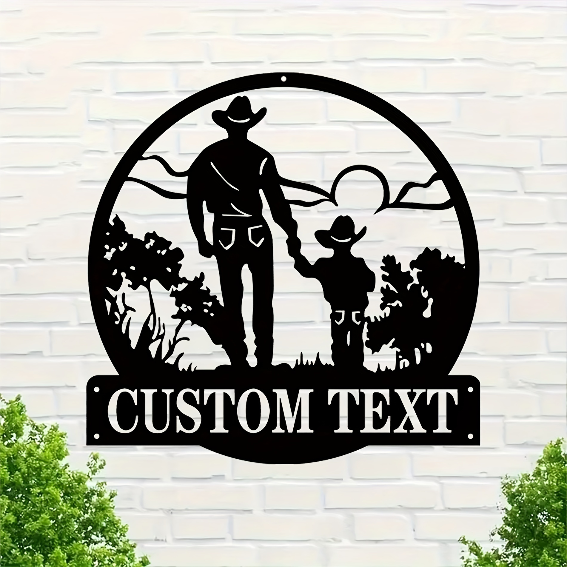 personalized cowboy and child silhouette iron door hanger rustic metal wall decor for home and garden customizable text suitable   14 farmhouse gift 11 8 details 0