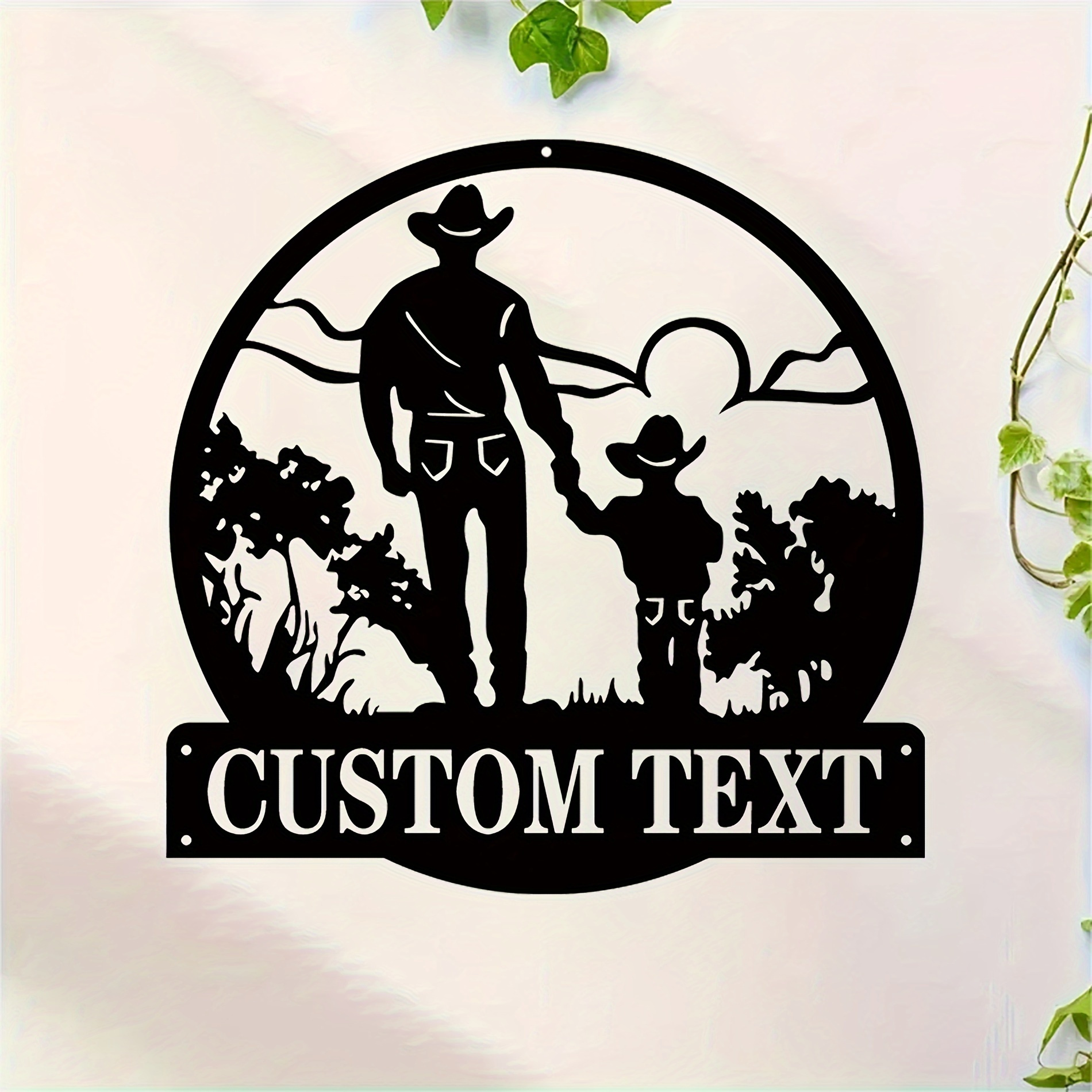 personalized cowboy and child silhouette iron door hanger rustic metal wall decor for home and garden customizable text suitable   14 farmhouse gift 11 8 details 3