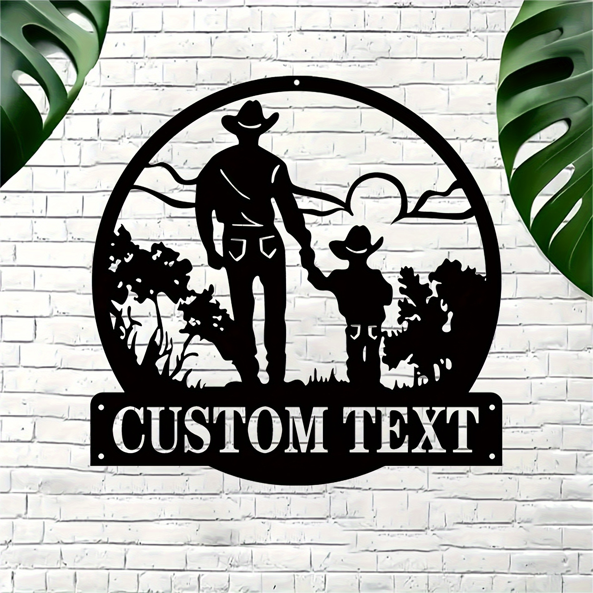 personalized cowboy and child silhouette iron door hanger rustic metal wall decor for home and garden customizable text suitable   14 farmhouse gift 11 8 details 4