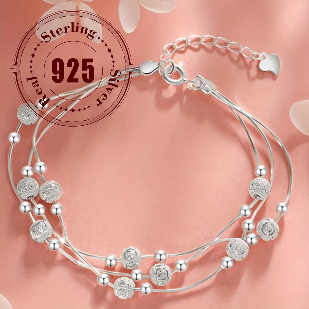 TEMU A Set Of 3 Stylish 925 Sterling Silver Bracelets With Beads - An Ideal Present For Her For Daily Use And