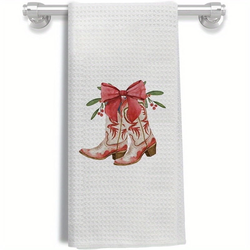 

Contemporary Western Christmas Kitchen Towel With Red Bow And Cowboy Boots Design, 100% Polyester, Machine Washable, Super Dish Cloth For Bathroom Decor - 18x26 Inch