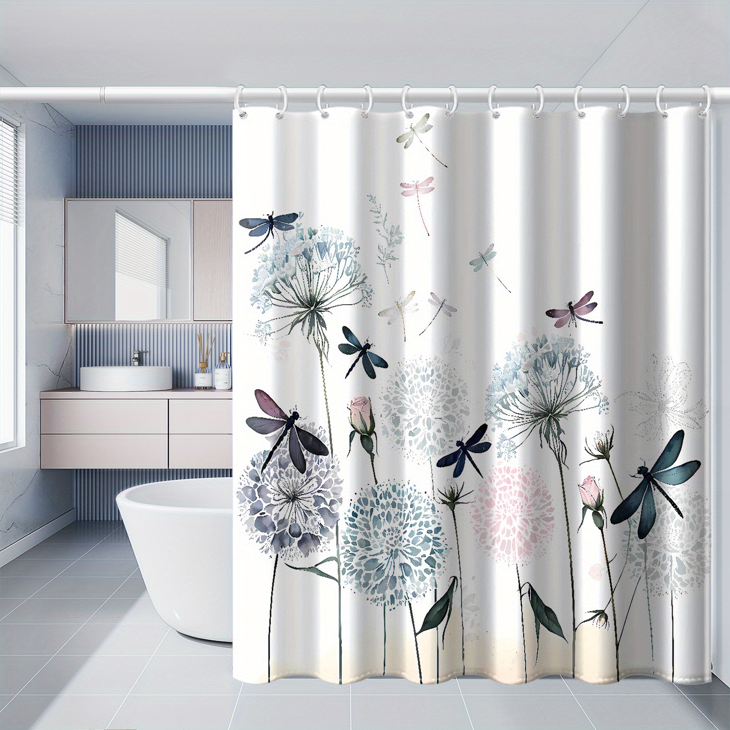 

1pc Watercolor Dandelion Dragonfly Printed Shower Curtain, Waterproof Polyester Fabric With Hooks, Windows And Walls, Bathtub, Bathroom Home Decoration, Shower Curtain For All , 71x71 Inches