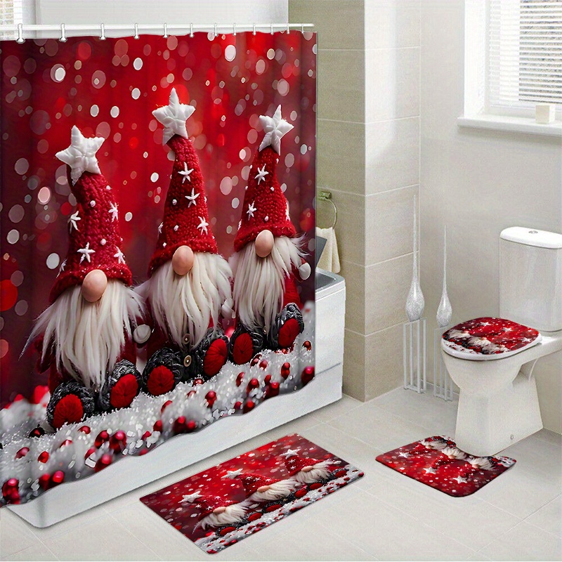 

1pc/4pcs Christmas Waterproof Shower Curtain Set With 12 Hooks And Bath Mat Toilet Seat Bathroom Seat Anti-slip Carpet Rug Polyester Fabric Curtain Bathroom Accessories Home Decor (open Jit)