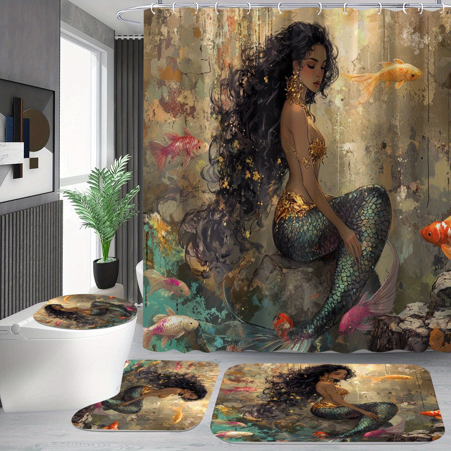 

Mermaid-themed Water-resistant Bathroom Set With 12 Hooks - Machine Washable Polyester Bath Ensemble With Graphic , Non-woven Weave - Includes 1/4 Piece Set For Home & Hotel