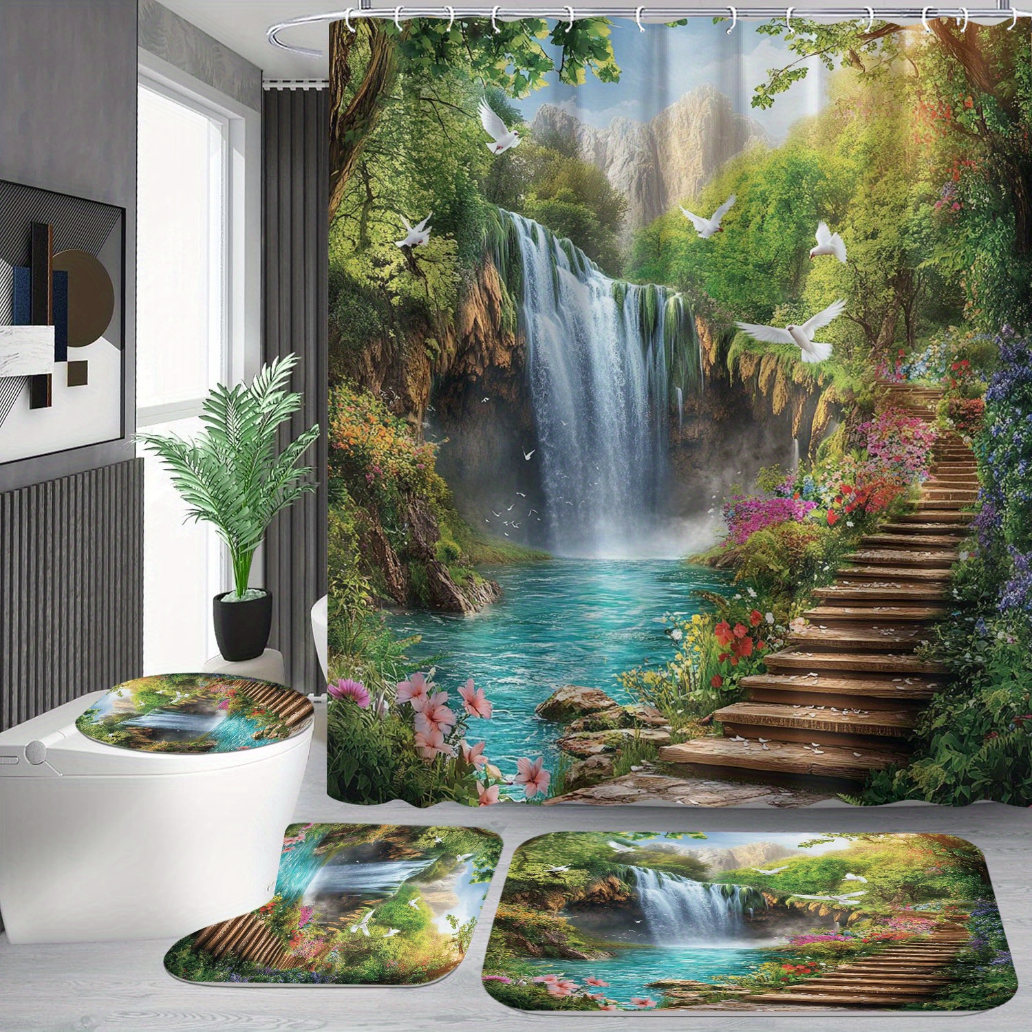 

Waterfall Scenery Bath Drapes, Water-resistant Artistic Polyester With Hooks, Machine Washable Bathroom Set, Graphic Pattern Non-woven Fabric, Animal & - 1pc/4pc