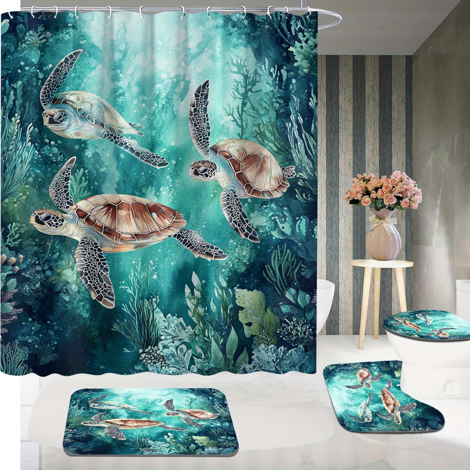 

Water-resistant Turtle Themed Bath Ensemble With Polyester , Includes 12 Hooks And Machine Washable Non-woven Fabric For Home And Hotel - 1pc/4pc Set