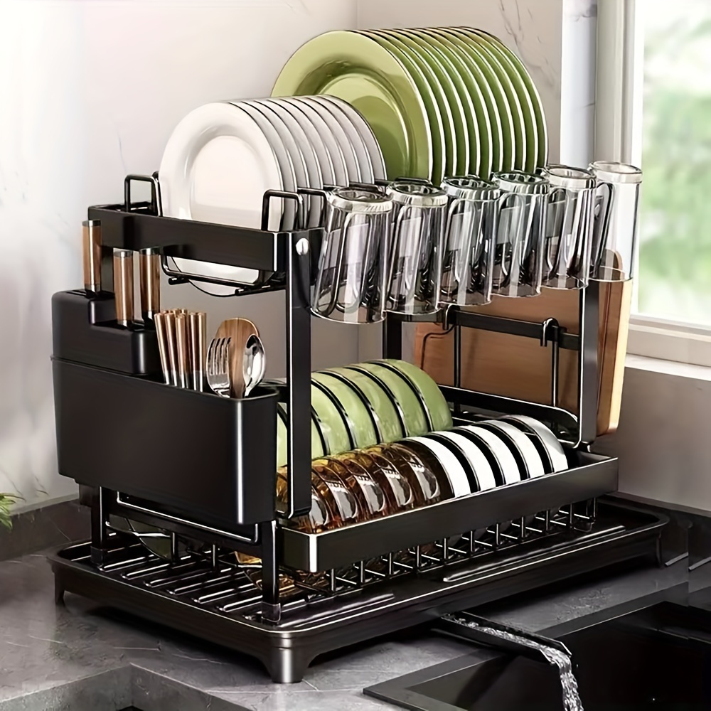 TEMU Space-saving 2-tier Dish Rack With Easy Drainage - Large Capacity, Multi-compartment Kitchen Organizer For Commercial Use