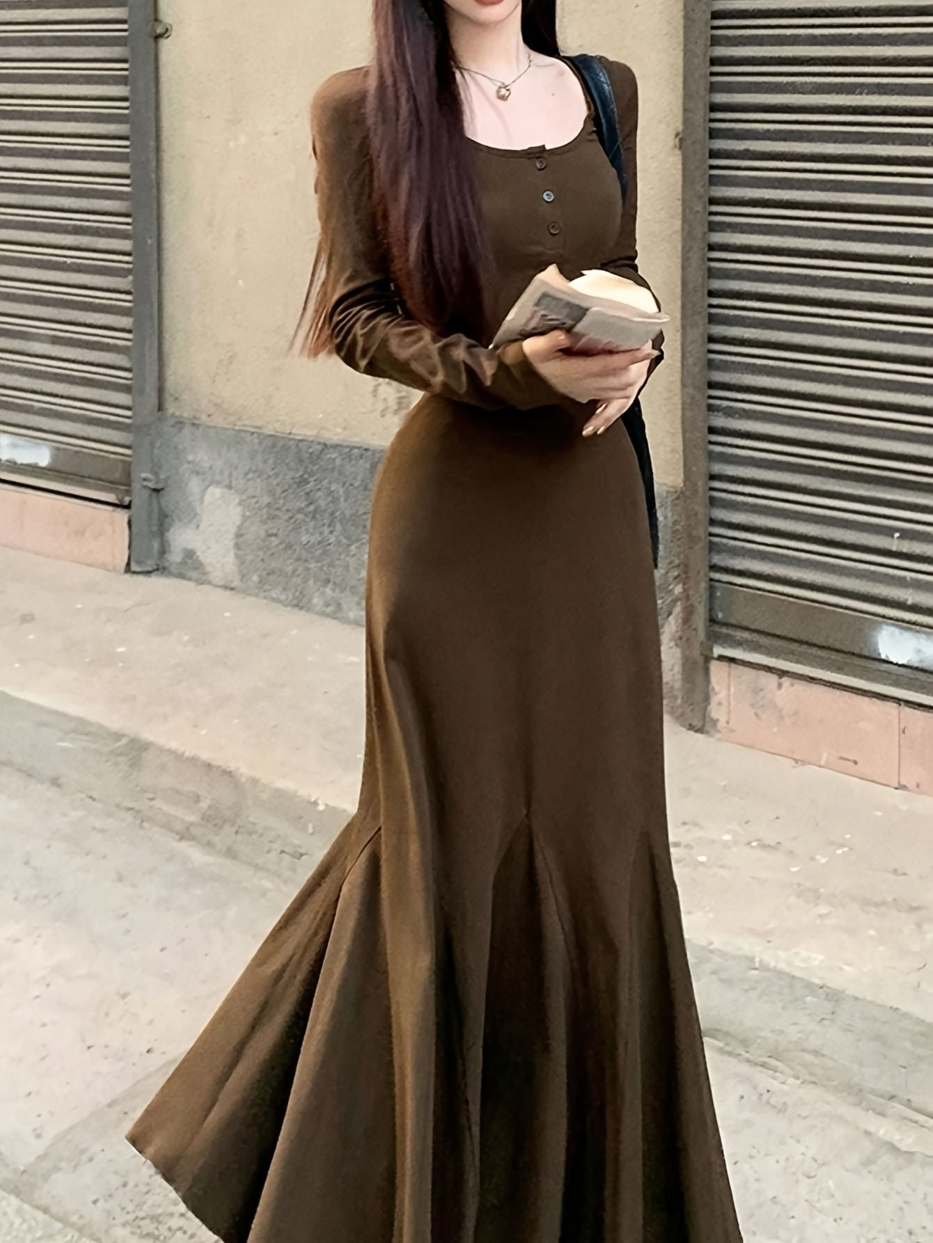 1pc womens casual polyester knit maxi dress solid color h