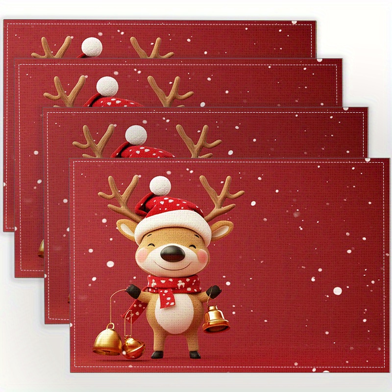 

4-pack Christmas Reindeer Print Placemats, Linen Woven Table Mats, Heat-resistant Square Coasters, Machine Washable For Home & Restaurant Decor, Festive Holiday Dining Table Protectors