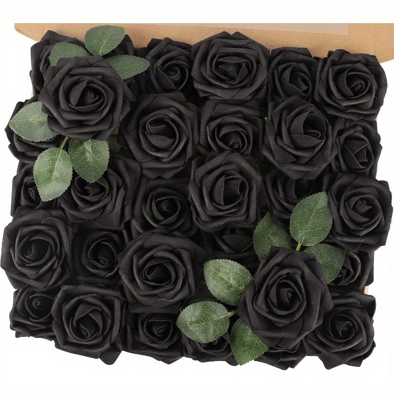 TEMU Halloween 25pcs Black Artificial Flowers, Real Touch Fake Flowers With Stem, Foam Roses For Wedding Bouquets Table Centerpieces Bridal Shower Party Home Halloween Decorations