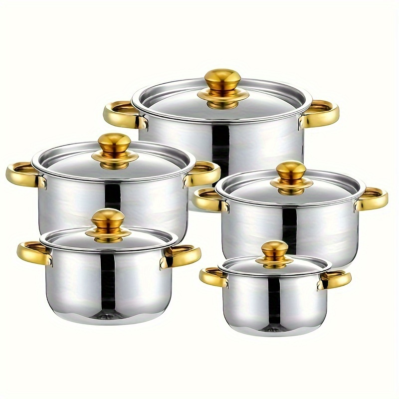 TEMU 5-piece Stainless Steel Cookware Set - Multi-use Soup Pots With , Enhanced Capacity Design, & Scratch-resistant, Compatible With All Stove Types, Dishwasher Safe - Ideal For Healthy Cooking