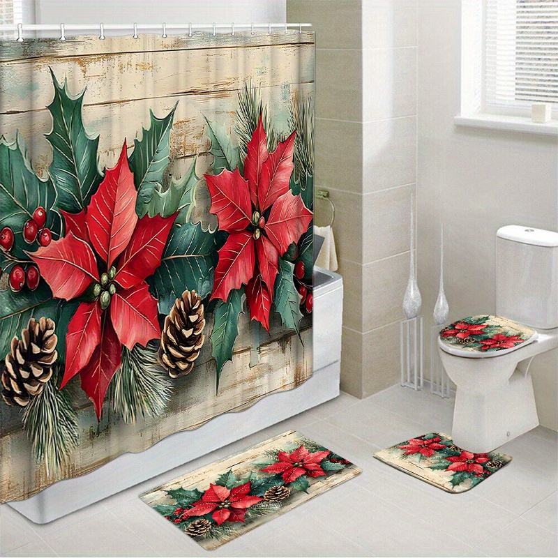 

Water-resistant Bathroom Set With Woven Polyester Bath Ensemble – 1/4 Pcs Poinsettia & Design With Hooks, Anti-slip Mats And Toilet Cover, Only – Home Decor Accessories