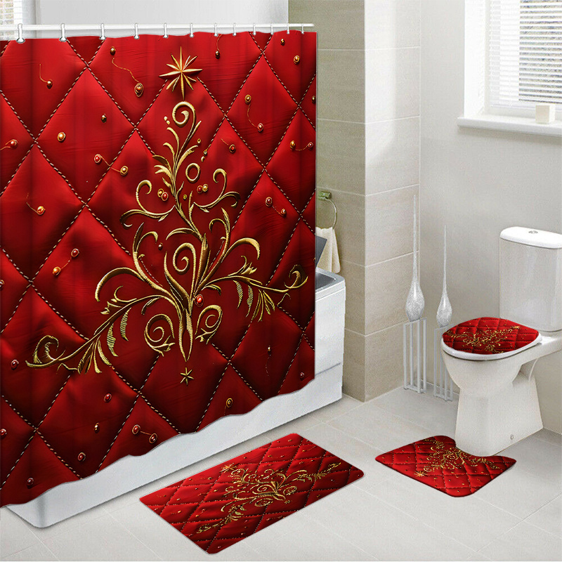 

Luxury Red & Golden Floral Waterproof Bathroom Set With Bath Mat, Toilet Cover, And Rug, Woven Polyester Bath Accessory Ensemble With Hooks - Water-resistant, Only