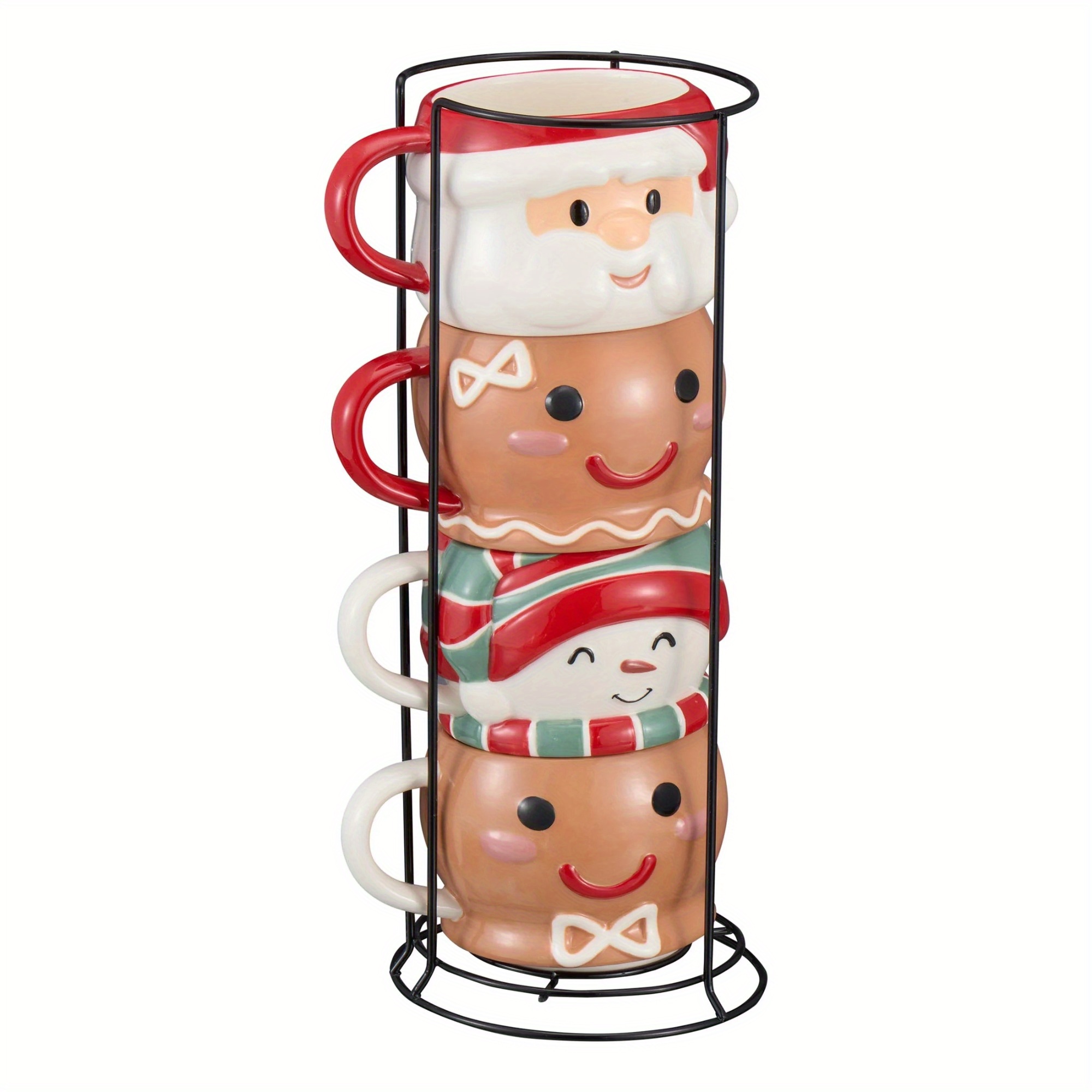 

12oz Holiday Characters Stoneware Ceramic Stacking Mug Set With Metal Rack