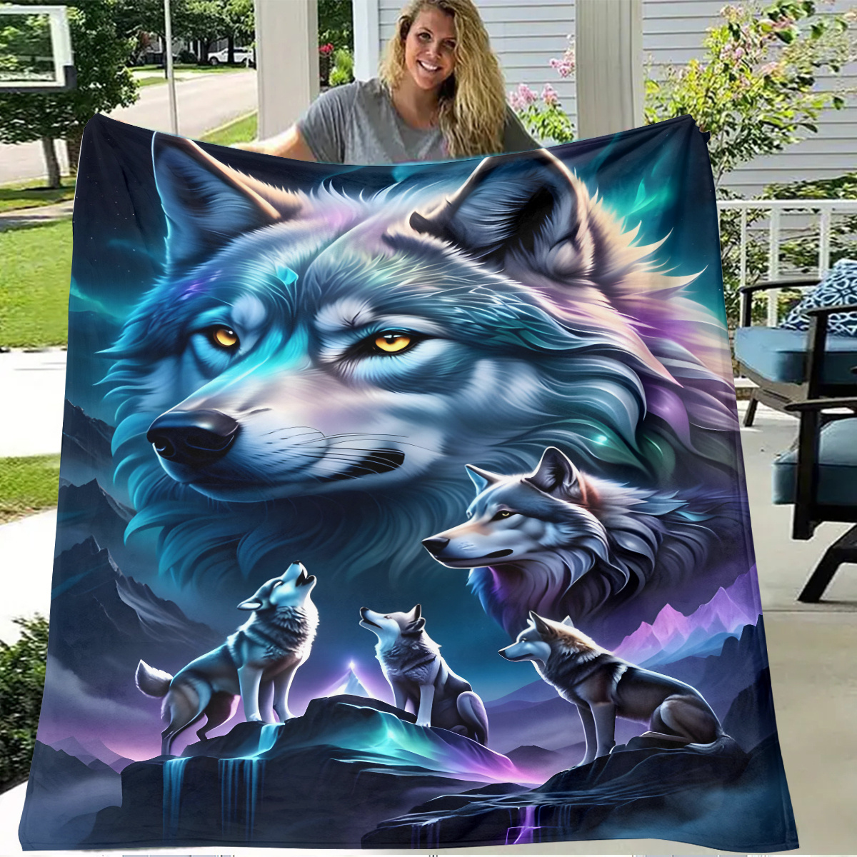 

Bohemian Wolf-themed Flannel Throw Blanket – Hypoallergenic Soft Polyester Quilted Bedding, Digital Hd Printed, Wrap With Knitting , Unique Animal Pattern – Ideal For Multipurpose Use, Hand Washable