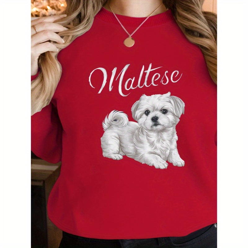 

Maltese Dog Graphic Sweatshirt For Women - Casual Polyester Crew Neck Hoodie With Geometric Pattern, Knit Fabric, Fall/winter Collection