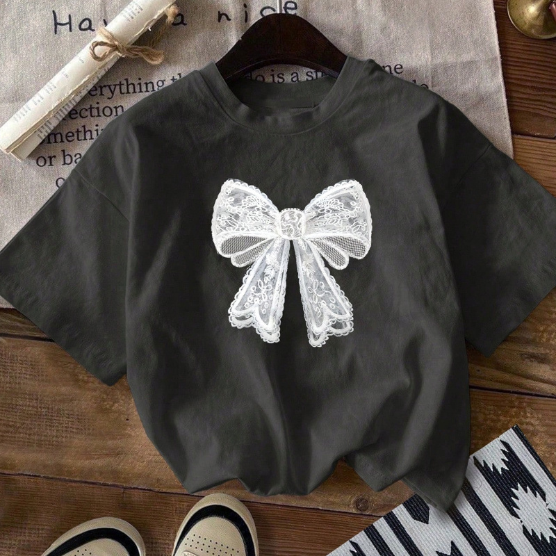 

Bow Image 220 Grams Of Cotton, Soft And Casual Printed T-shirt, Casual Short Sleeved T-shirt - Comfortable And Summer Women's T-shirt