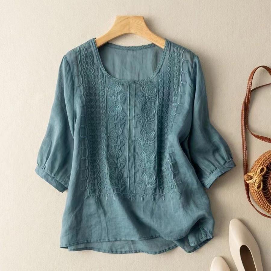 

Medium-sleeved Linen Blouse Female Embroidery Loose Literary Retro Linen T-shirt Summer Thin Section Clothing Loose Female