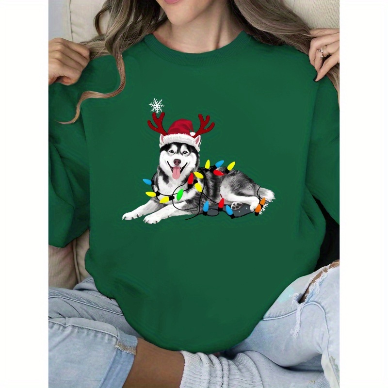 

Husky With Christmas Lights Graphic Sweatshirt - Casual Polyester Crew Neck Hoodie For Women, Geometric Pattern, Knit Fabric, Fall/winter Season