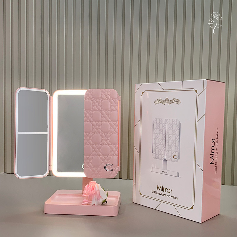 Portable Rechargeable LED Makeup Mirror With 2000mAh Battery, Foldable Shell Mirror For Girls, Multifunctional Beauty Mirror With Adjustable Light For Bedroom Dressing Table