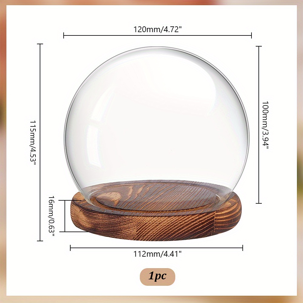1pc Round Glass Dome Cover Display Case Cloche Bell Jar Terrarium With Wood Base Clear 120x115mm