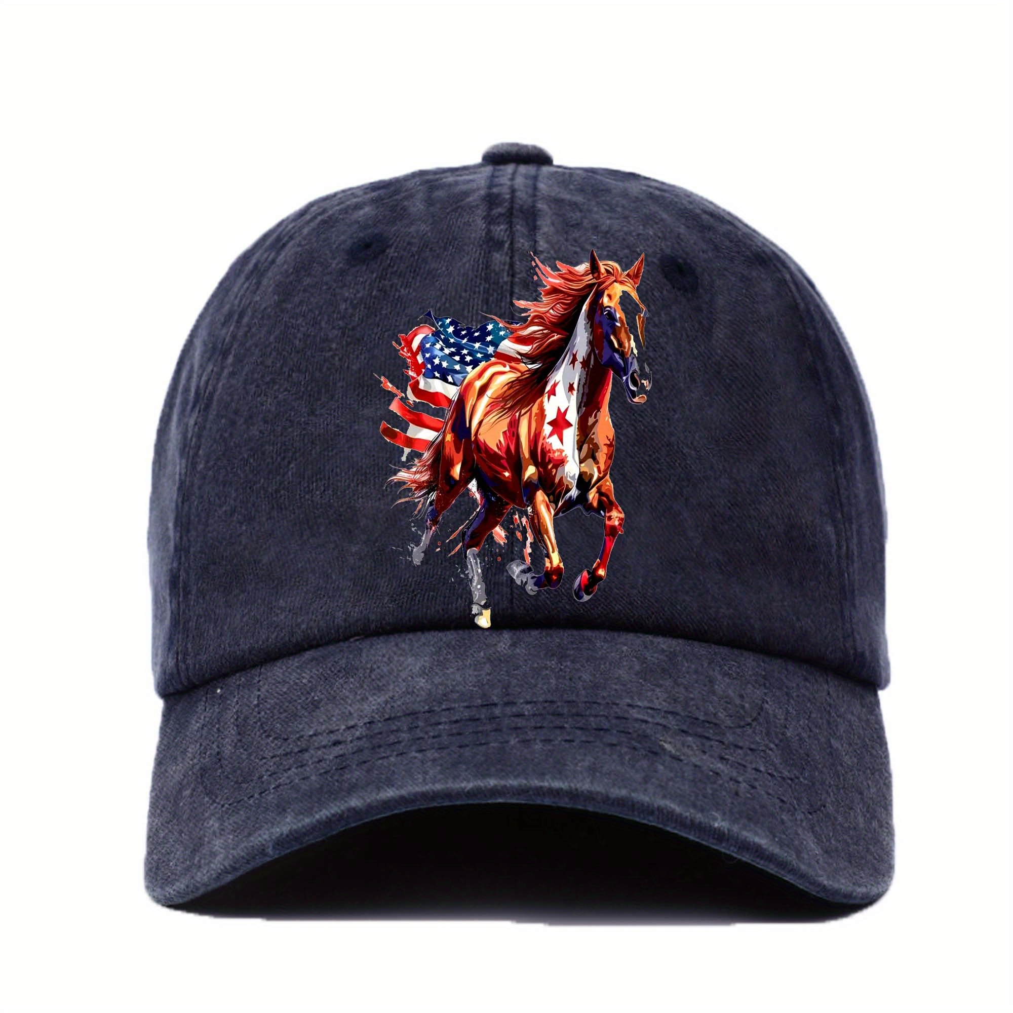 

Vintage American Flag Horse Print Baseball Cap, Cotton , Adjustable Unisex Washed Hat With Sun Protection - Urban Style Printed And Woven Baseball Caps