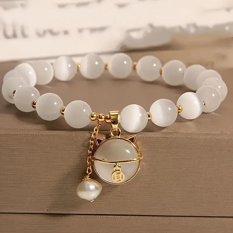 

[customer ] Elegant Opal Beaded Bracelet With Cat Charm - Perfect Gift For Women, & Party Accessory