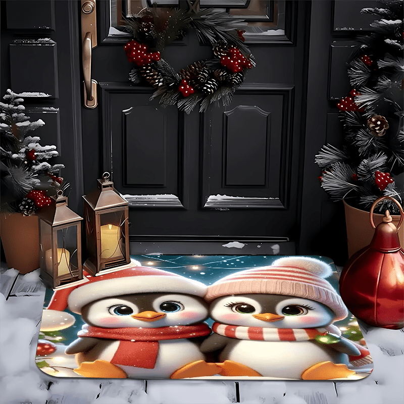 

Merry Christmas Penguin Welcome Doormat - Non-slip, Machine Washable, Low Pile Polyester Flannel Mat For Living Room, Bedroom, Bathroom, Kitchen, And Laundry - , Fade Resistant, 23.6"x15.7" Or "x19.7