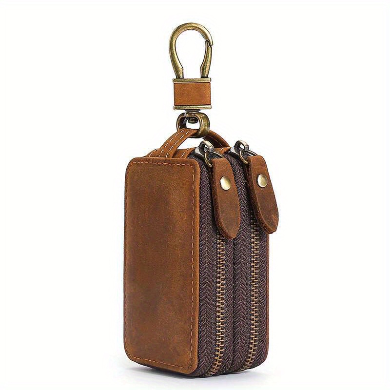 Image of Male And Female Universal Leather Car Key Cover Multifunctional Double Zipper Car Key Cover Layer Cowhide Key Leather Cover Waist Hanging