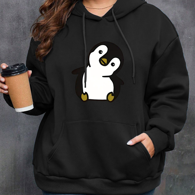 

Women's Plus Size Penguin Print Hoodie - Casual Long Sleeve With Drawstring & Front Pocket, Cozy Polyester Pullover For Fall/winter