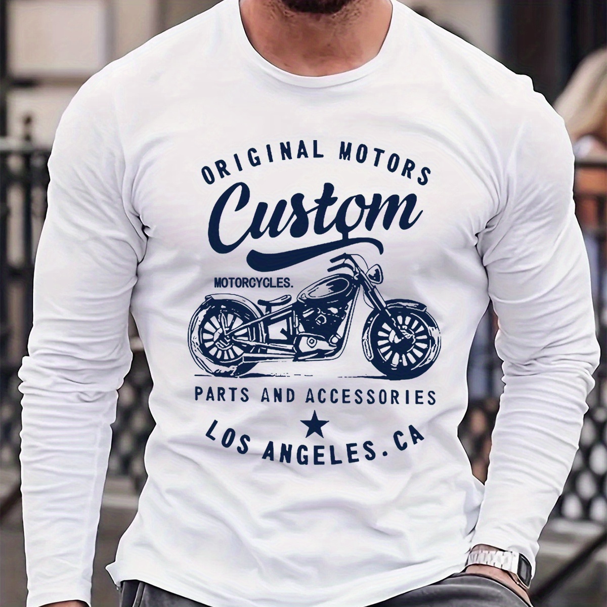 

Handaiwei Men's Casual Long Sleeve T-shirt With Vintage Motorcycle Print - Crew Neck, Stretch Fabric, Machine Washable