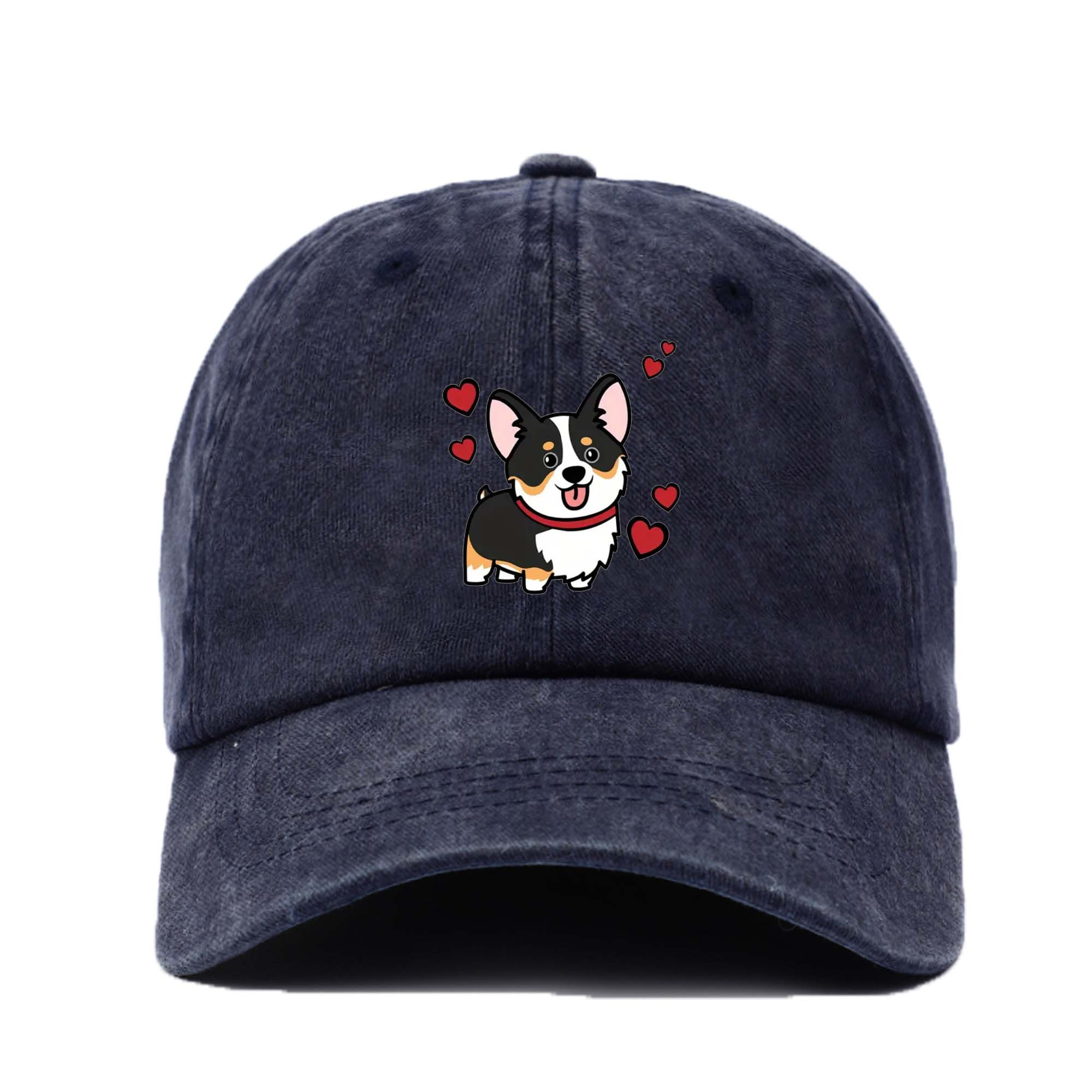 

Vintage Washed Cotton Baseball Cap With Adjustable Strap, Urban Themed Printed Corgi Design, Casual Hat With Sun Protection - Unisex Outdoor Sports Cap