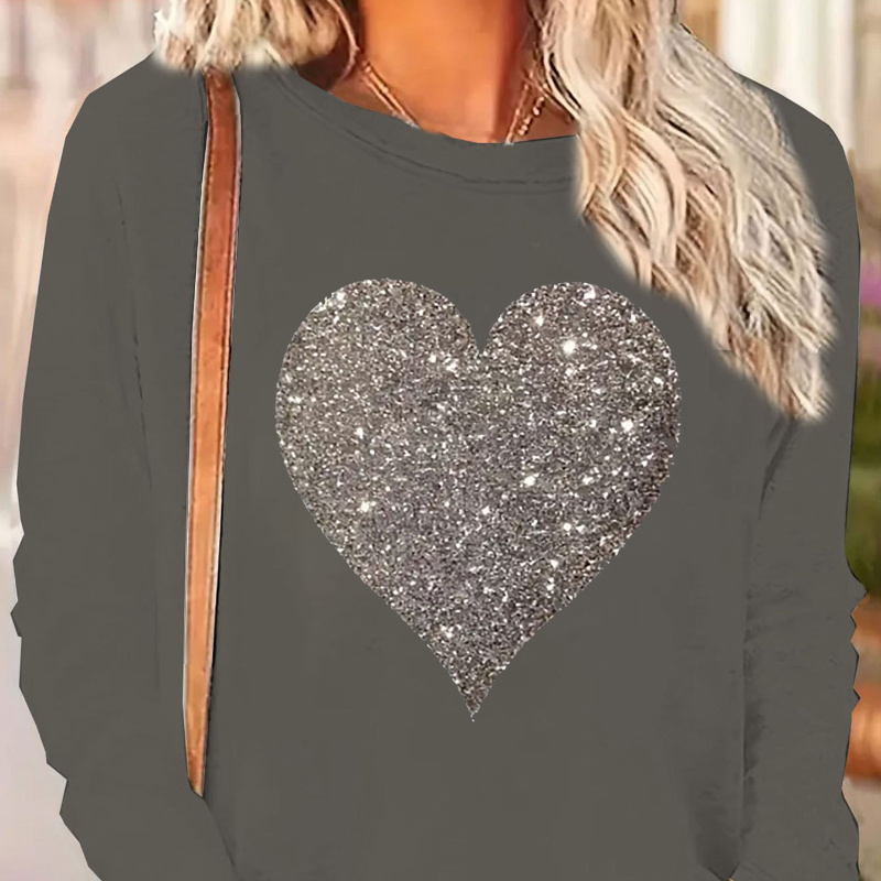 

Plus Size Glitter Heart Print Long Sleeve T-shirt - Crew Neck, Knit Fabric, Polyester & Elastane , Medium Stretch, For Fall/winter