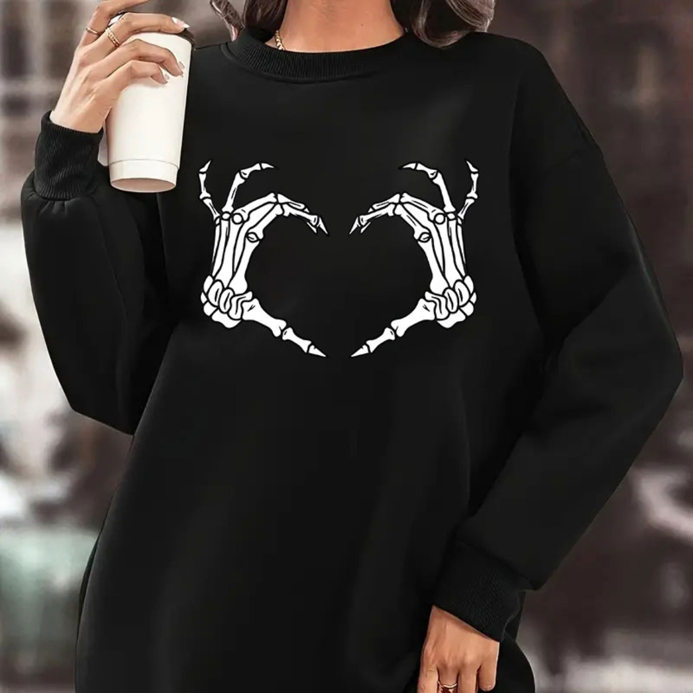 

Women's Fleece Lined Pullover Sweater Dress With Skeleton Print, Soft And Cozy Fall/winter Casual Dress