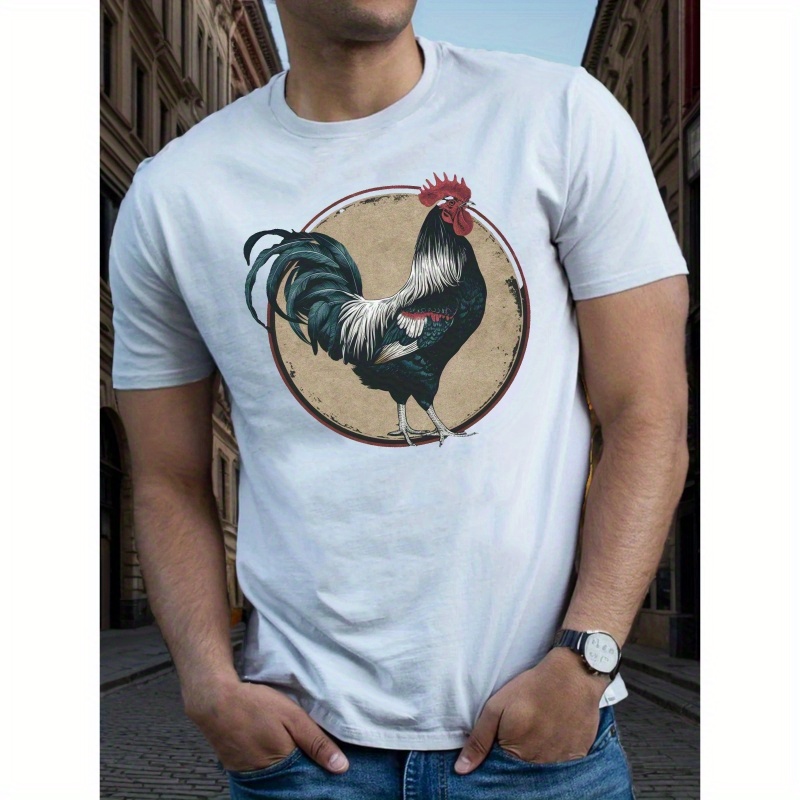 

T-shirt vintage imprimé coq pour homme, tee-shirt décontracté à manches courtes, polyester, col rond, tissu élastique, motif géométrique, haut de mode été pour adultes