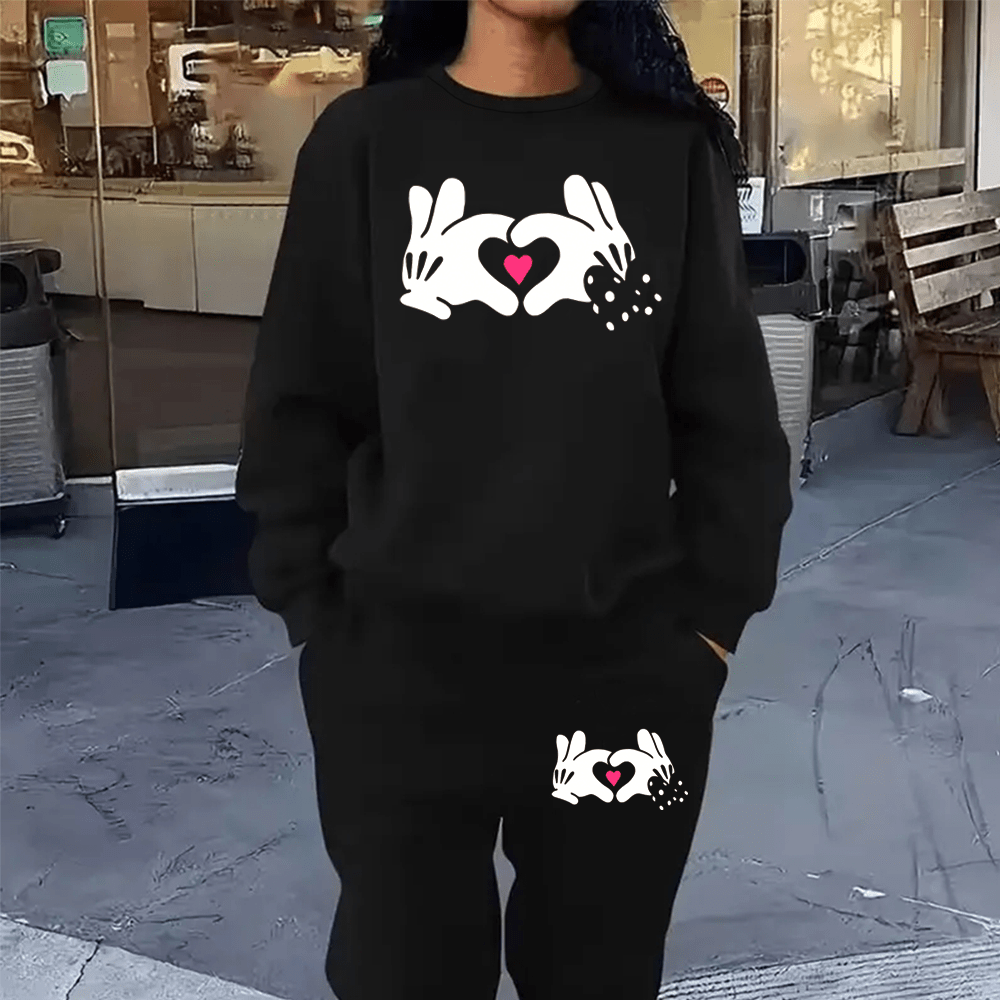 

Plus Size Casual Heart Print Pants Set, Long Sleeve Crew Neck Sweatshirt & Fitted Bottom Joggers Outfits, Women's Plus Size Clothing