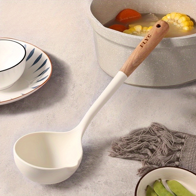 

Silicone Soup Ladle With Wooden Handle, Large Deep Spoon, Resistant, , , For Soup And Congee, Home And Restaurant Use