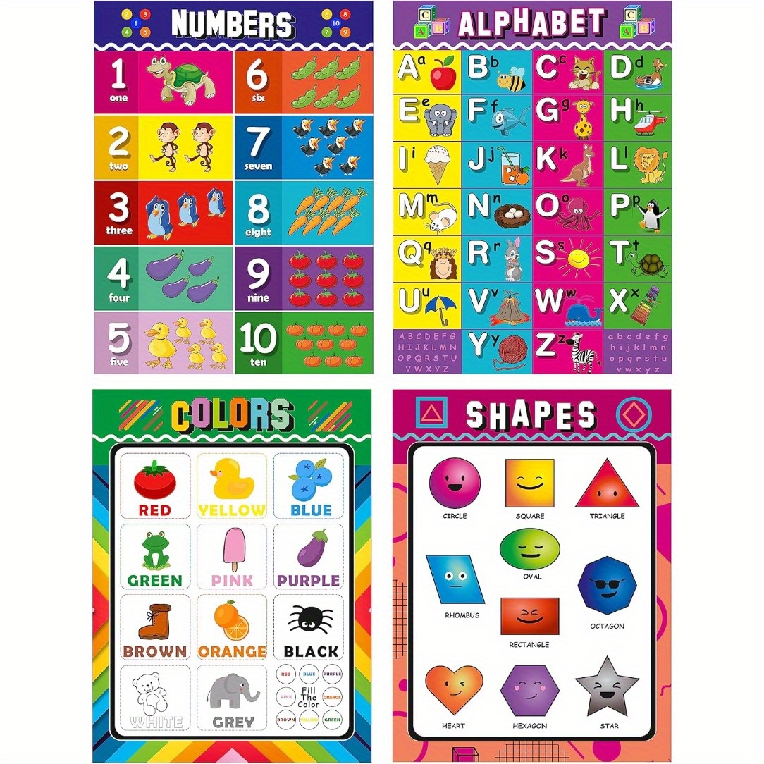 TEMU 4pcs - Abc Alphabet + Numbers 1 + Shapes + Colors Poster Set - Educational Charts 8x10inch