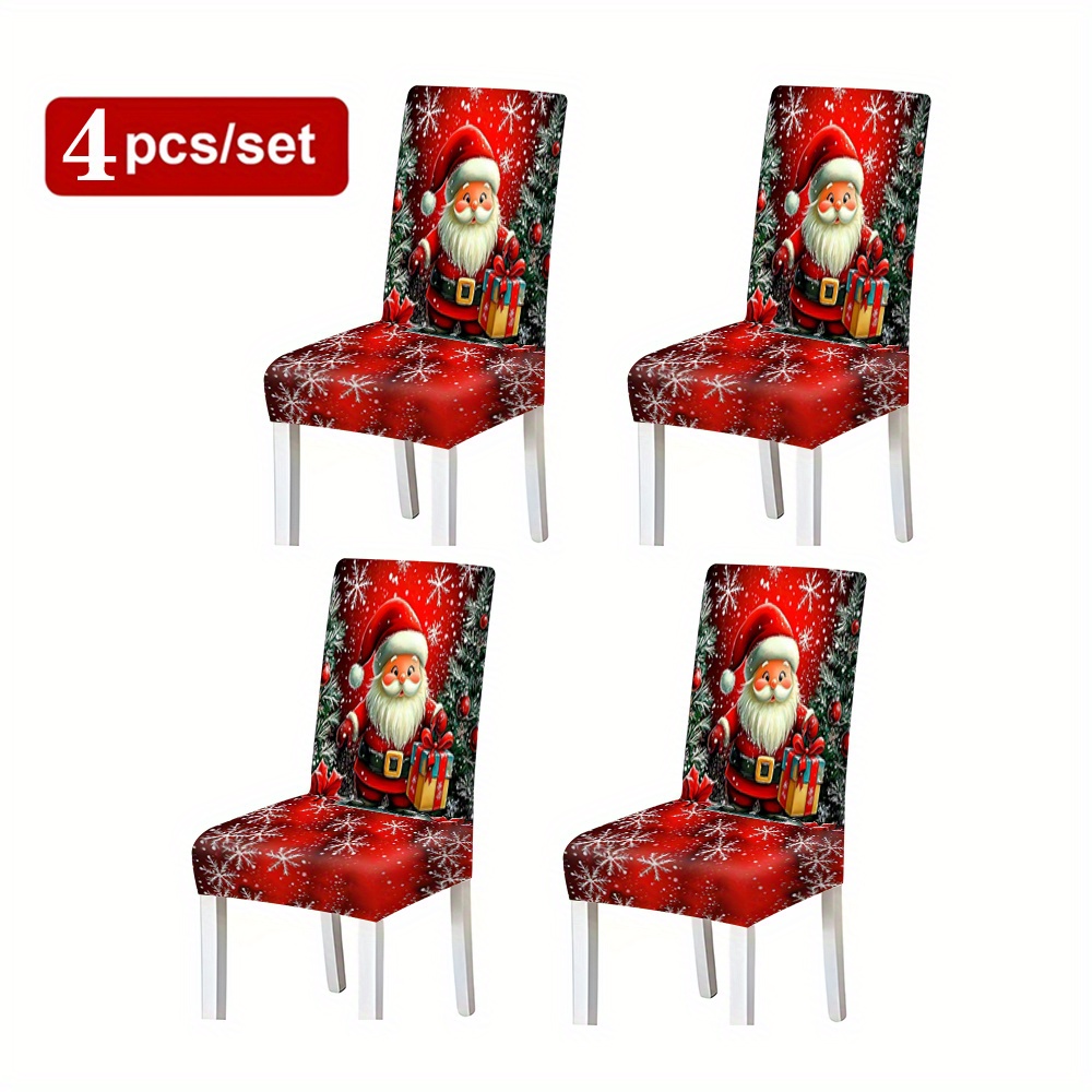 Image of 2/4/6pcs Christmas Santa Claus Print Elastic Dining Chair Seat Covers, Suitable For Home Decor, Office, Wedding, Hotel, Restaurant, And Banquet, Soft And Comfortable, Removable And Washable