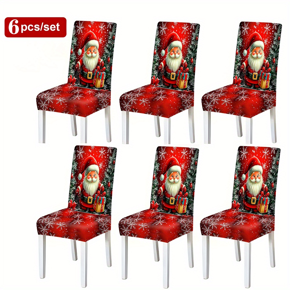 2/4/6pcs Christmas Santa Claus Print Elastic Dining Chair Seat Covers, Suitable For Home Decor, Office, Wedding, Hotel, Restaurant, And Banquet, Soft And Comfortable, Removable And Washable