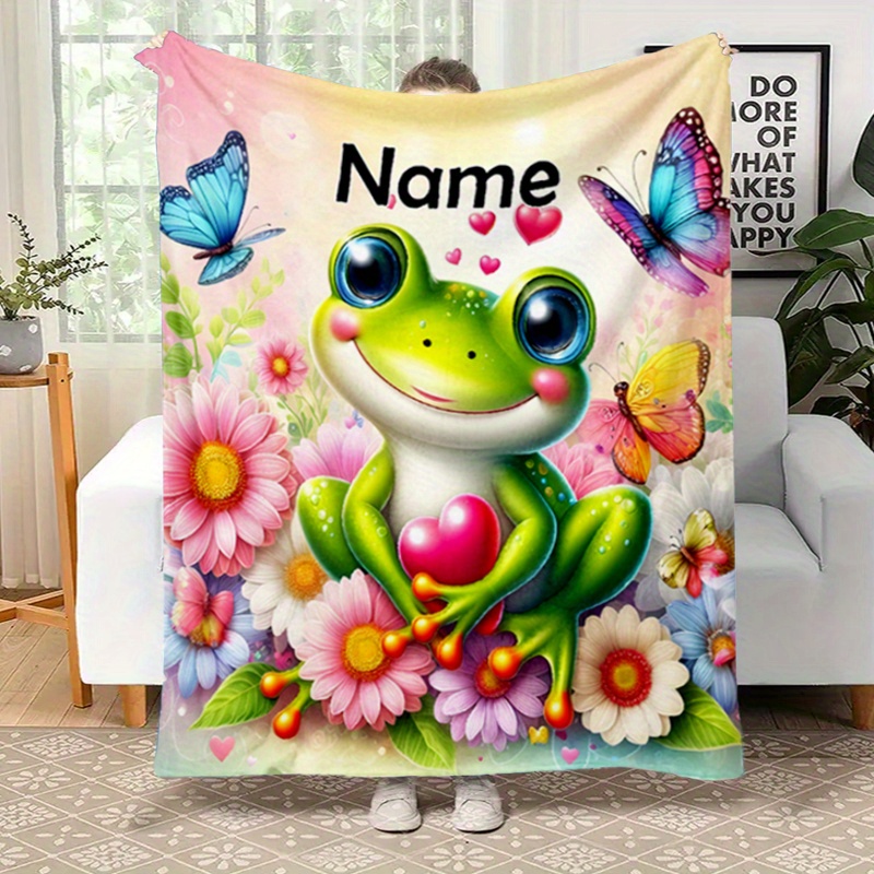 

Couverture en flanelle de grenouille personnalisable avec 3D - Nom personnalisé, jeté de lit et chaud, polyester imprimé numériquement, thème animal, aux déchirures, lavable en machine pour toutes les