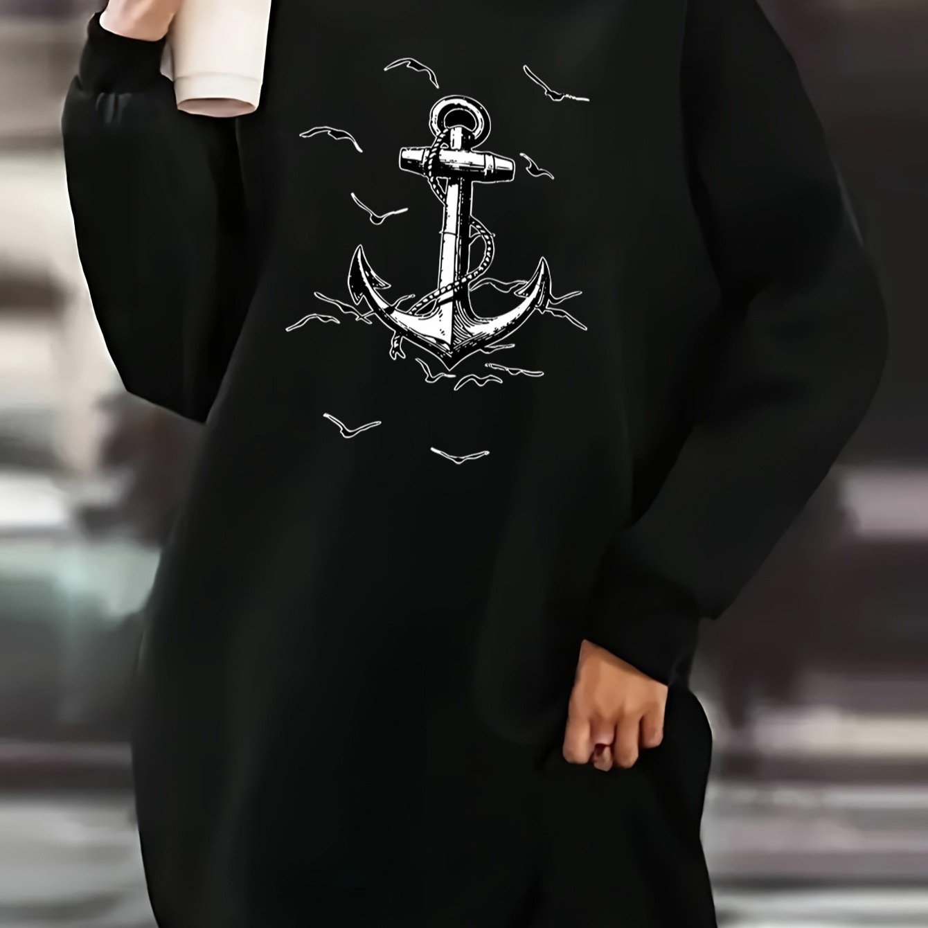 

Snug Style, Women's Plus Size Casual Sweatshirt Dress - Cozy Knit Polyester, Long Sleeve Crew Neck With Anchor Print, Machine Washable, Fall/winter - Black