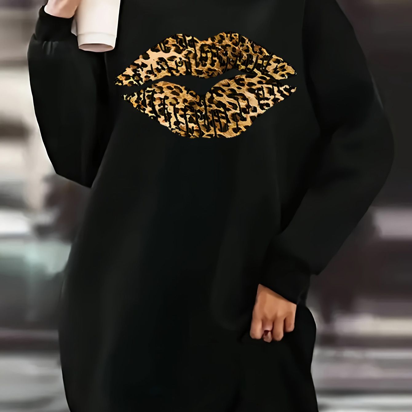 

Plus Size Women's Letter Print Sweatshirt Dress, Casual Loose Fit Long Sleeve Round Neck Pullover, Autumn/, Black Polyester Knit Fabric, Athletic Style