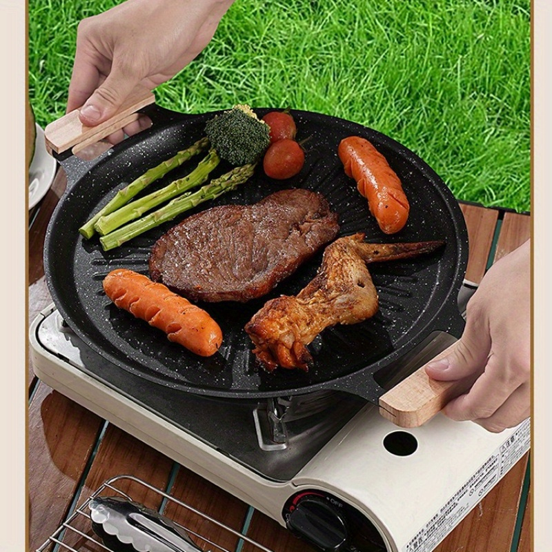 

1pc 28cm Iron Pan, Universal Fit, , Wooden , For , Portable Grilling For , Gas , Bbq