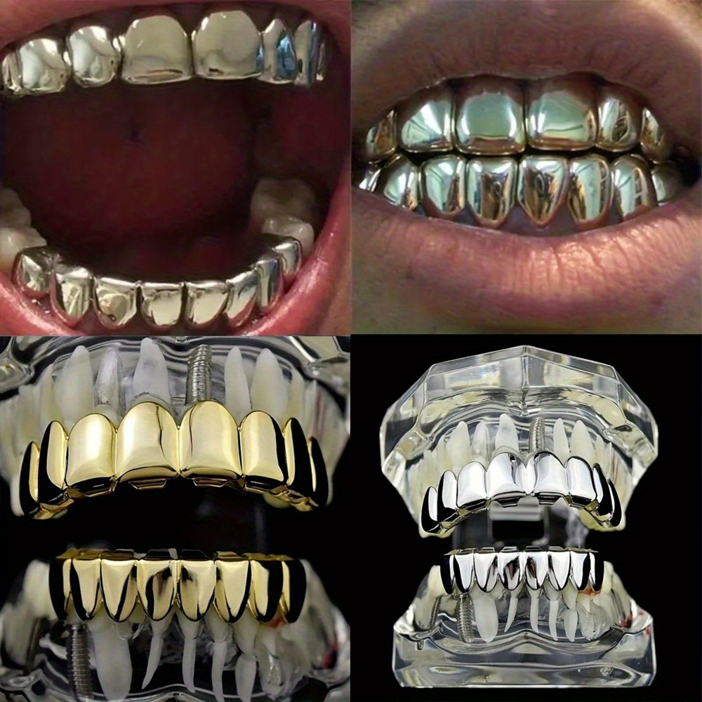 

2pcs Thatboy Stainless Steel Hip Hop Glitter Teeth Grills - 8-tooth Golden & Silver Plated Vampires Caps, Unisex Metal Teeth Jewelry For Christmas, Halloween, Thanksgiving, 's Day, New Year