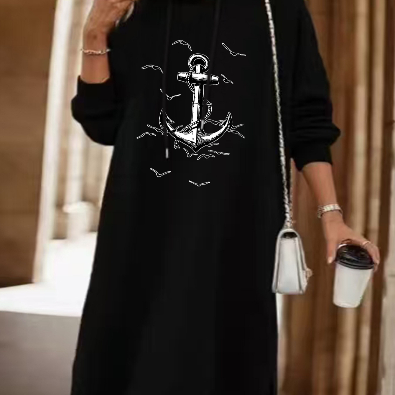 

Size Hoodie Dress For Women - Casual Long Sleeve With Anchor Print, Drawstring & Pockets, Fall/winter