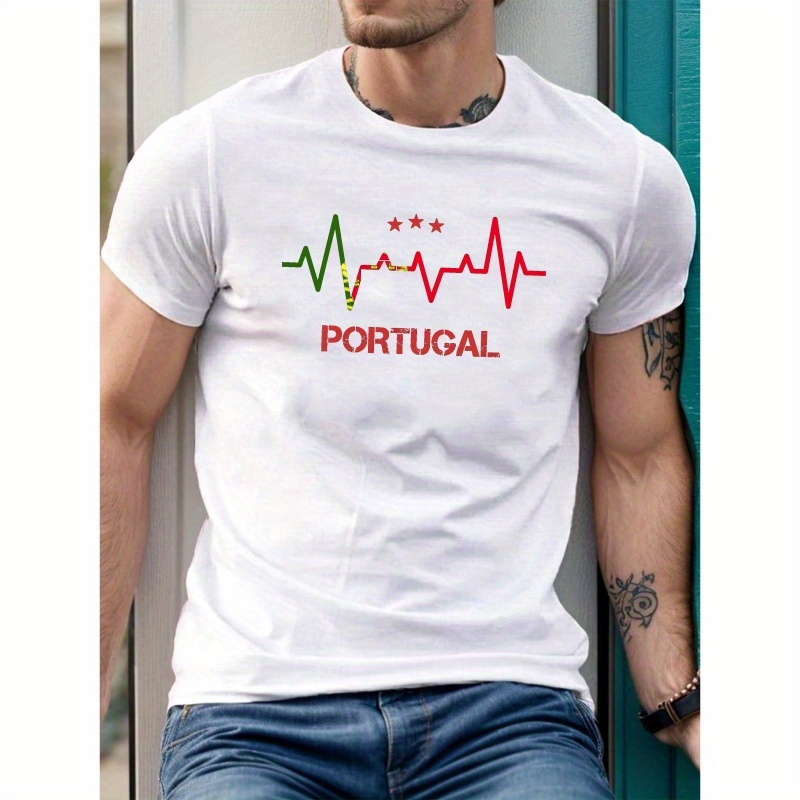 

T-Shirt Homme Patriotique Portugal avec de Cœur - Tee-shirt Décontracté à Manches Courtes avec Design EKG, Polyester, Lavable en Machine pour l'Été